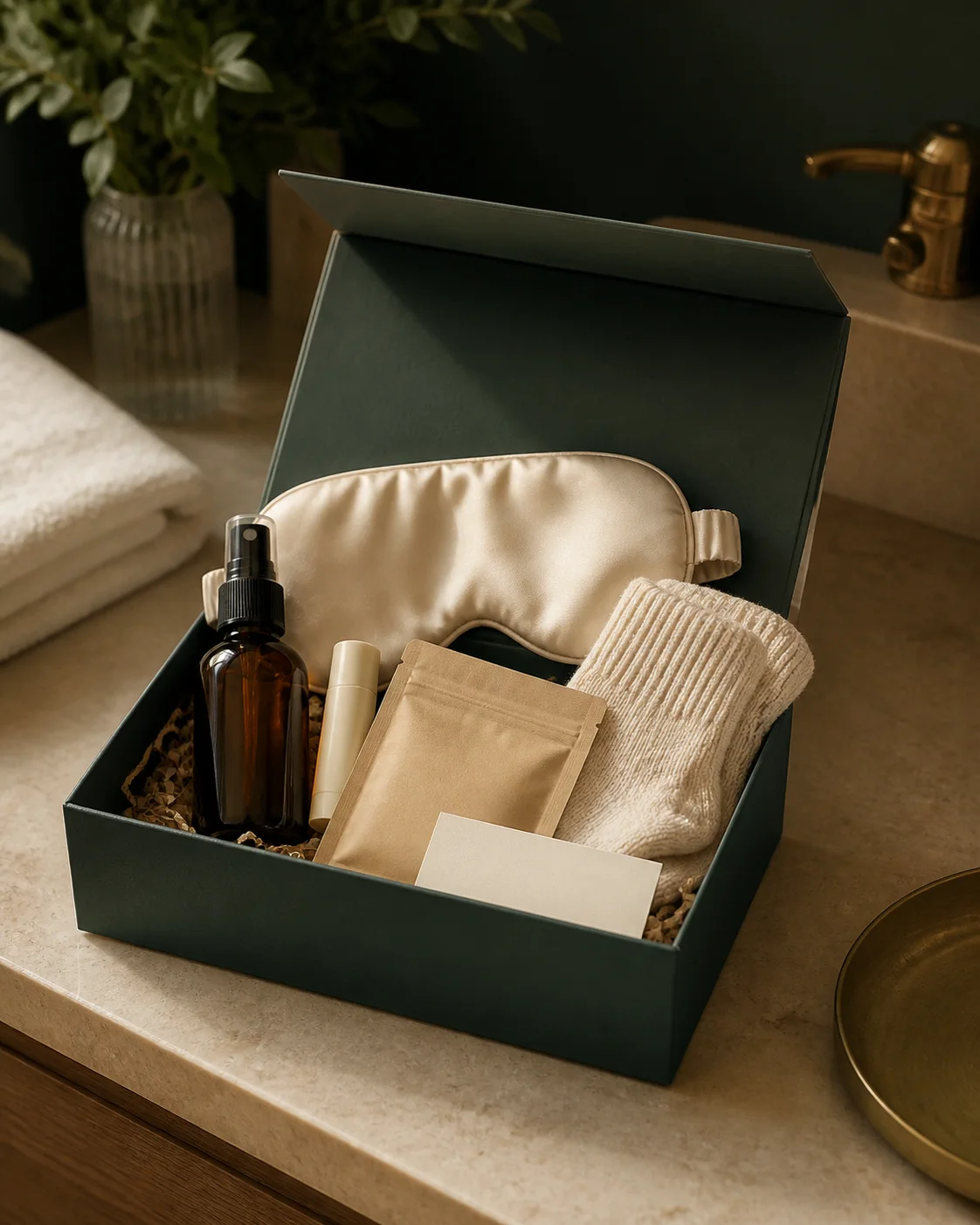 Wellness items presented in a forest-green welcome box