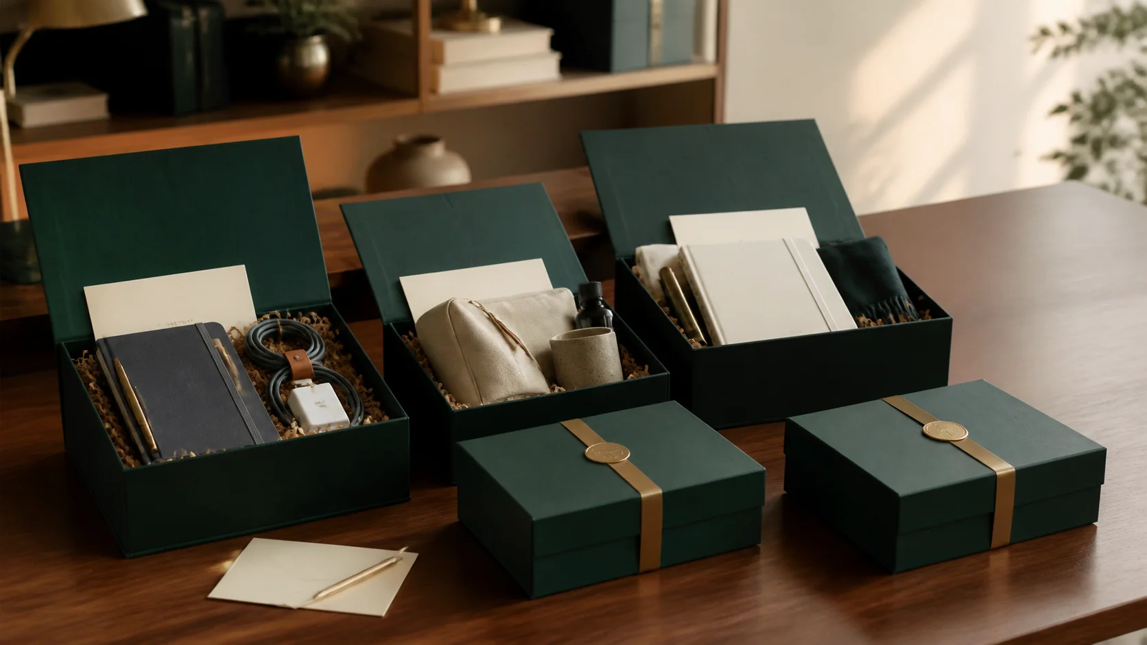 A coordinated collection of custom gift boxes for organizations
