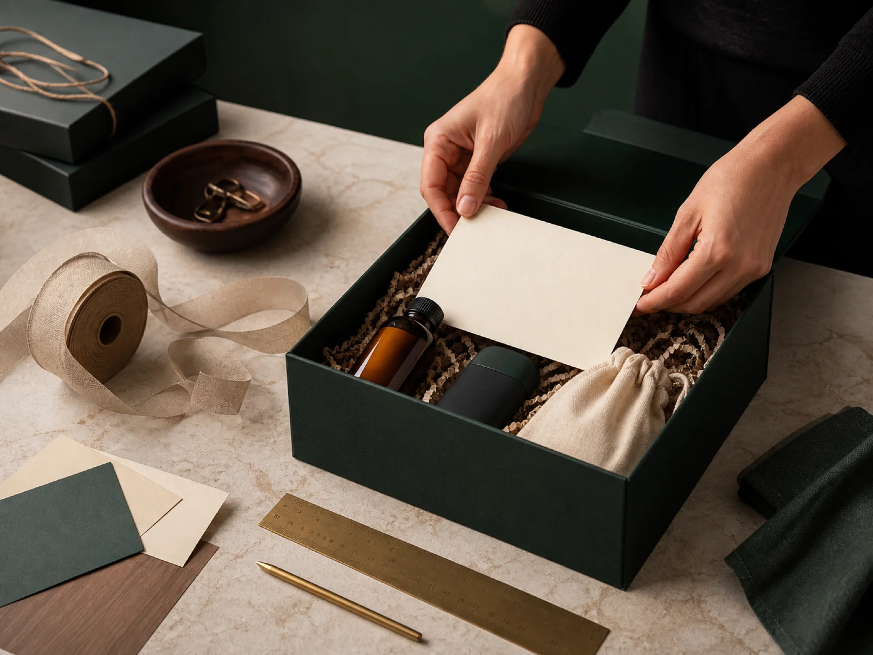 A DROLMA gift stylist assembling a custom welcome box